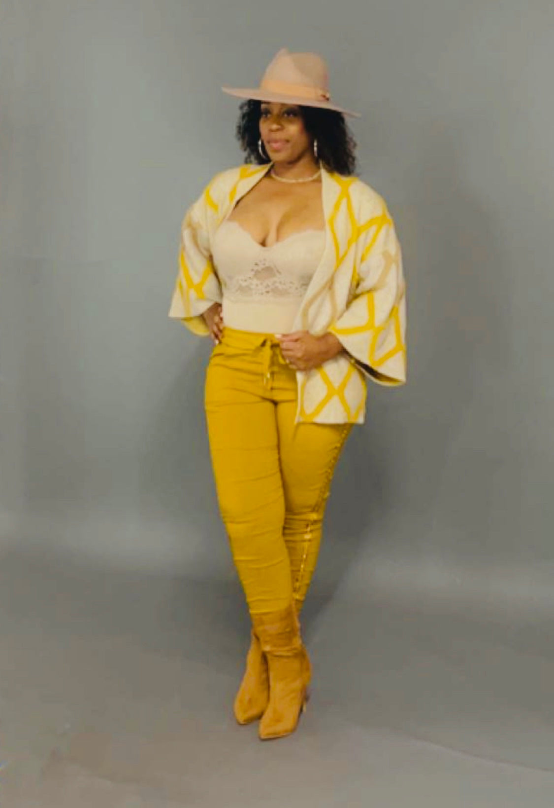 Mustard-Cream Cardigan Sweater